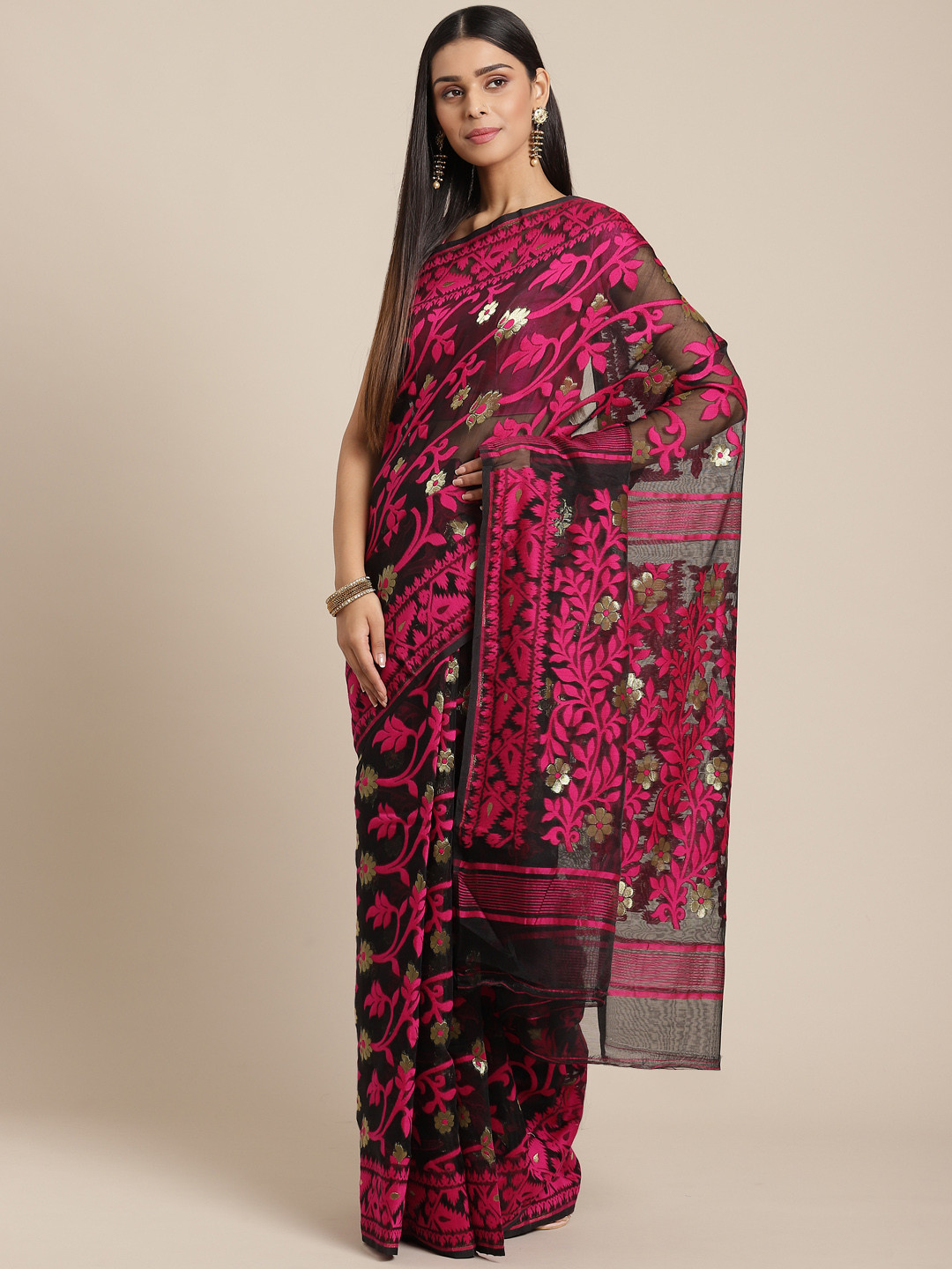 

Laa Calcutta Black & Pink Woven Design Dhakai Jamdani Saree