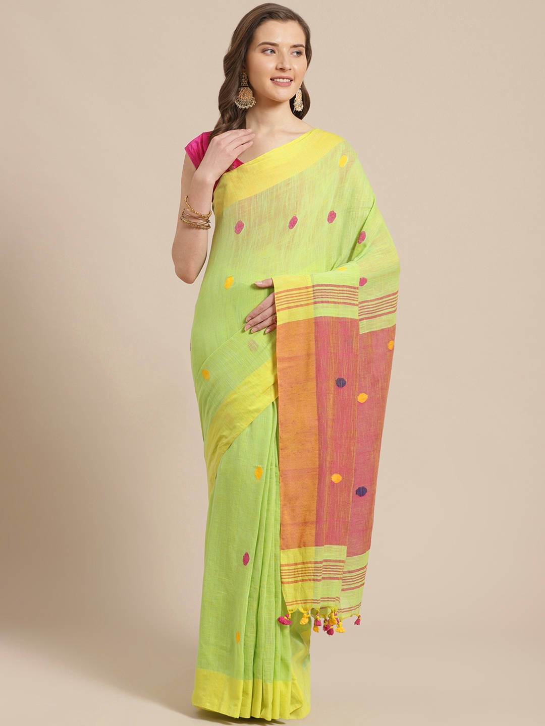 

Laa Calcutta Green & Coral Pink Woven Design Handloom Taant Saree