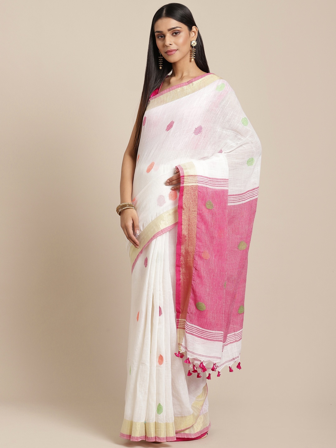 

Laa Calcutta White & Pink Woven Design Handloom Saree