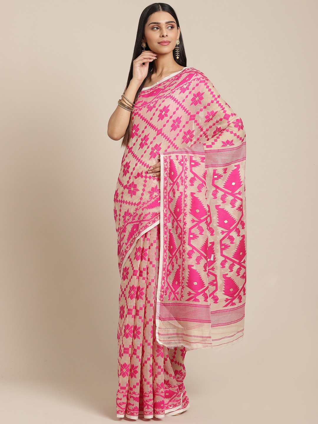 

Laa Calcutta Off-White & Pink Woven Design Dhakai Jamdani Saree