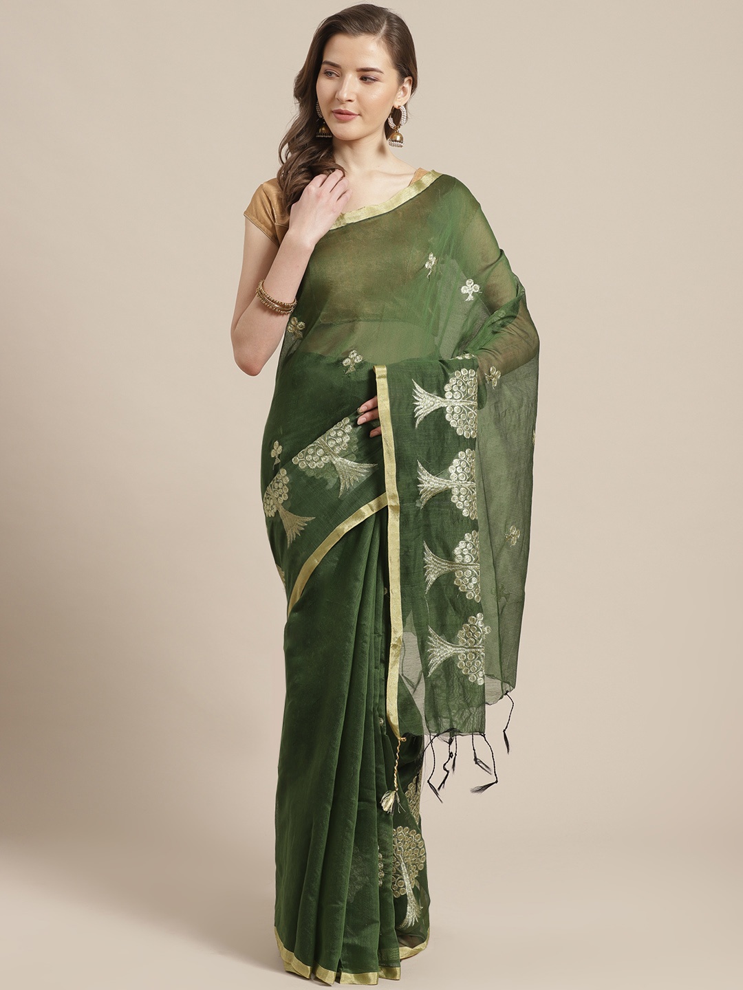 

Laa Calcutta Olive Green & Golden Woven Design Bengal Handloom Taant Saree