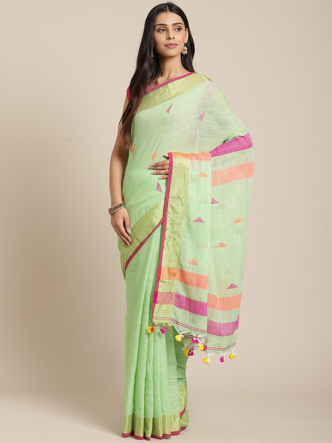 

Laa Calcutta Green & Pink Woven Design Taant Saree