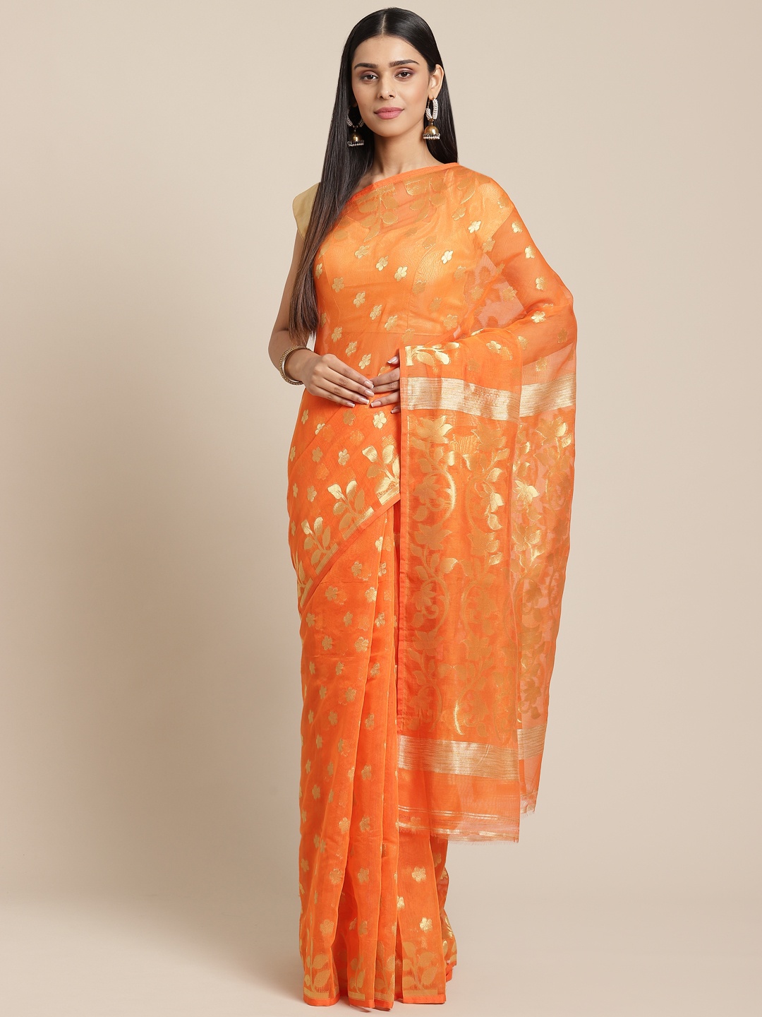 

Laa Calcutta Orange & Golden Woven Design Saree