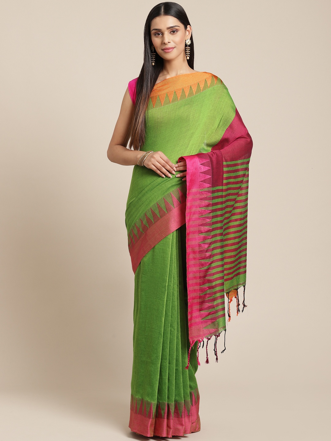 

Laa Calcutta Green & Pink Pure Cotton Solid Bengal Handloom Saree