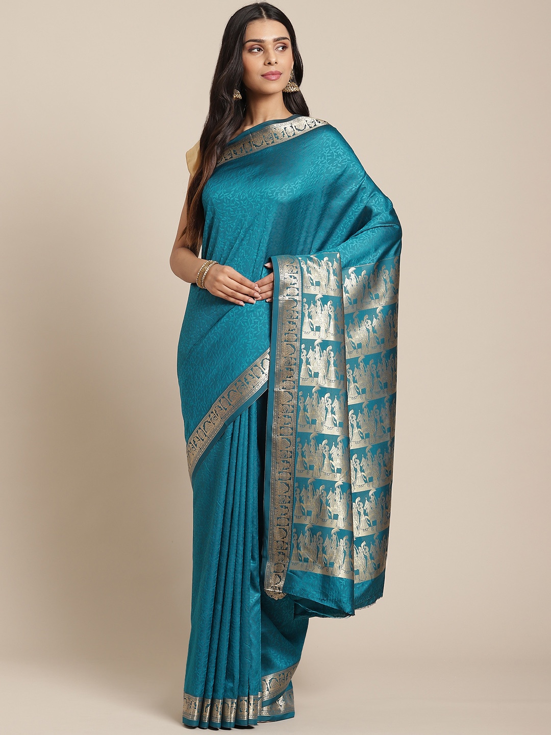 

Laa Calcutta Teal Blue & Golden Woven Design Taant Saree