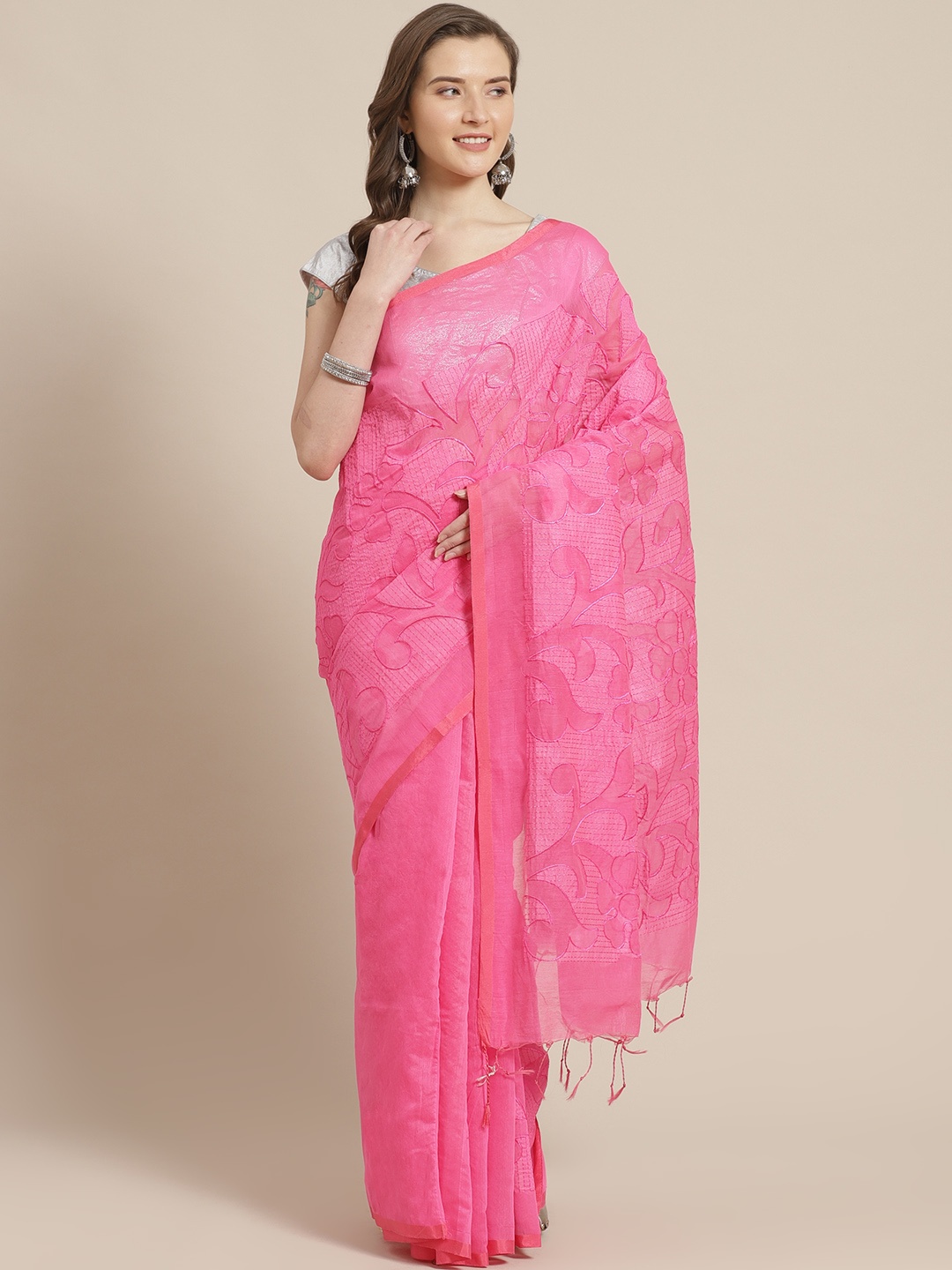 

Laa Calcutta Pink Embroidered Bengal Handloom Taant Saree