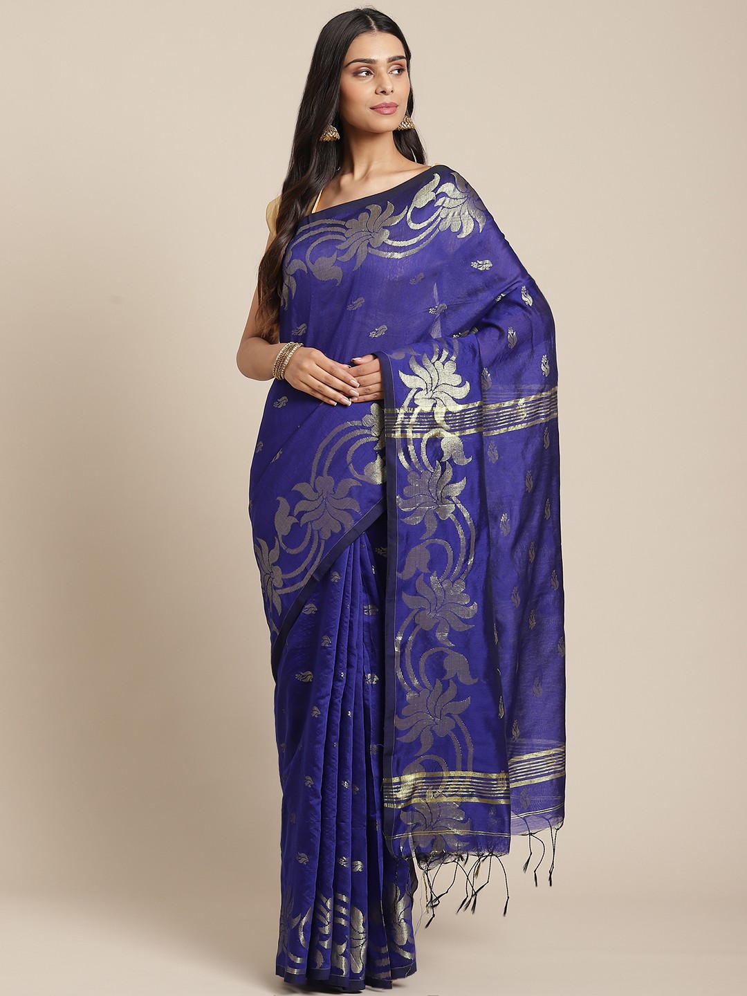 

Laa Calcutta Navy Blue & Golden Woven Design Bengal Handloom Taant Saree