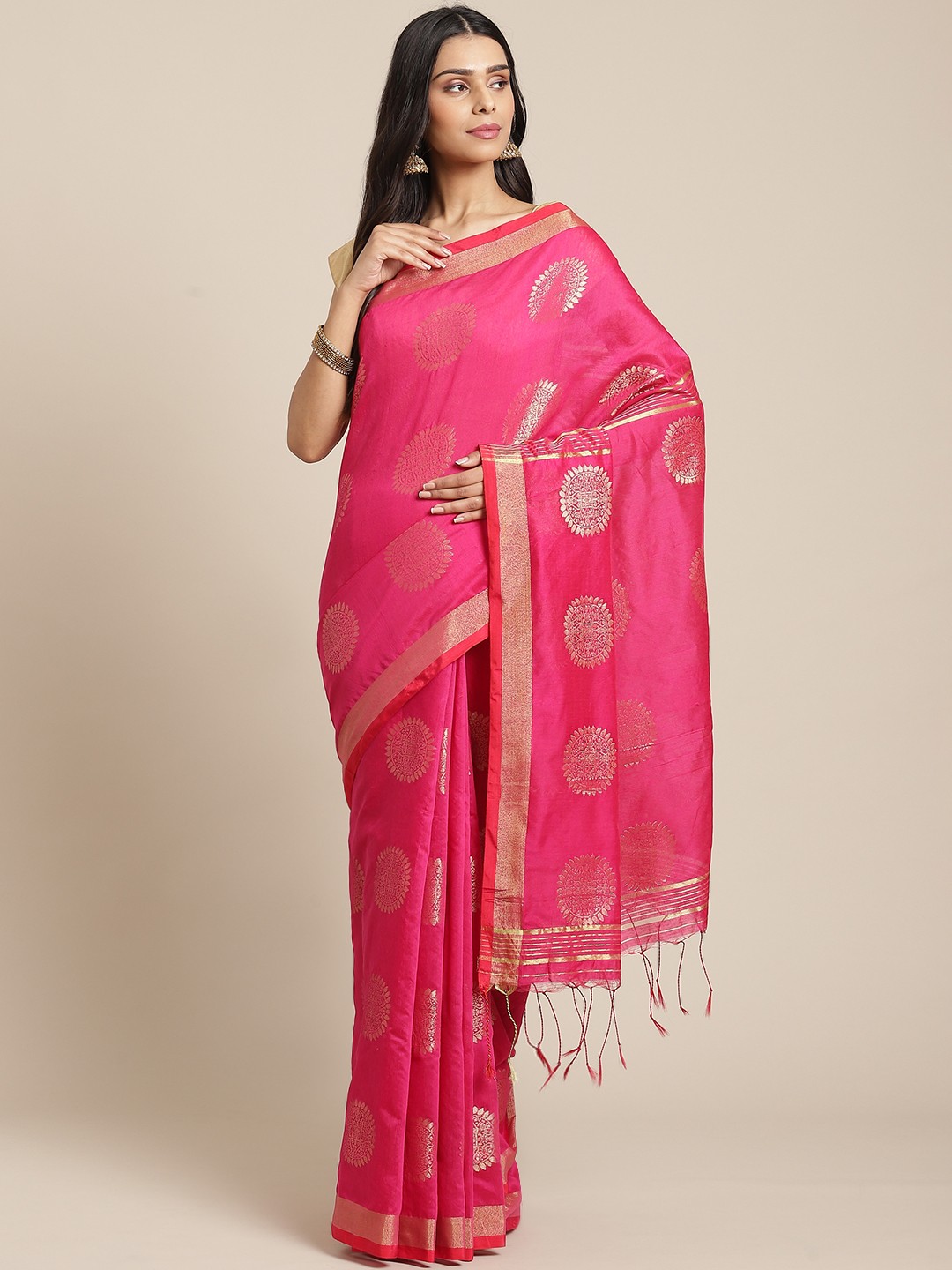 

Laa Calcutta Pink & Golden Woven Design Handloom Taant Saree
