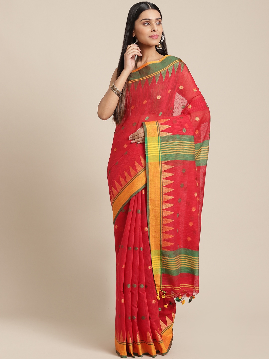 

Laa Calcutta Red & Green Geometric Woven Design Bengal Handloom Taant Saree