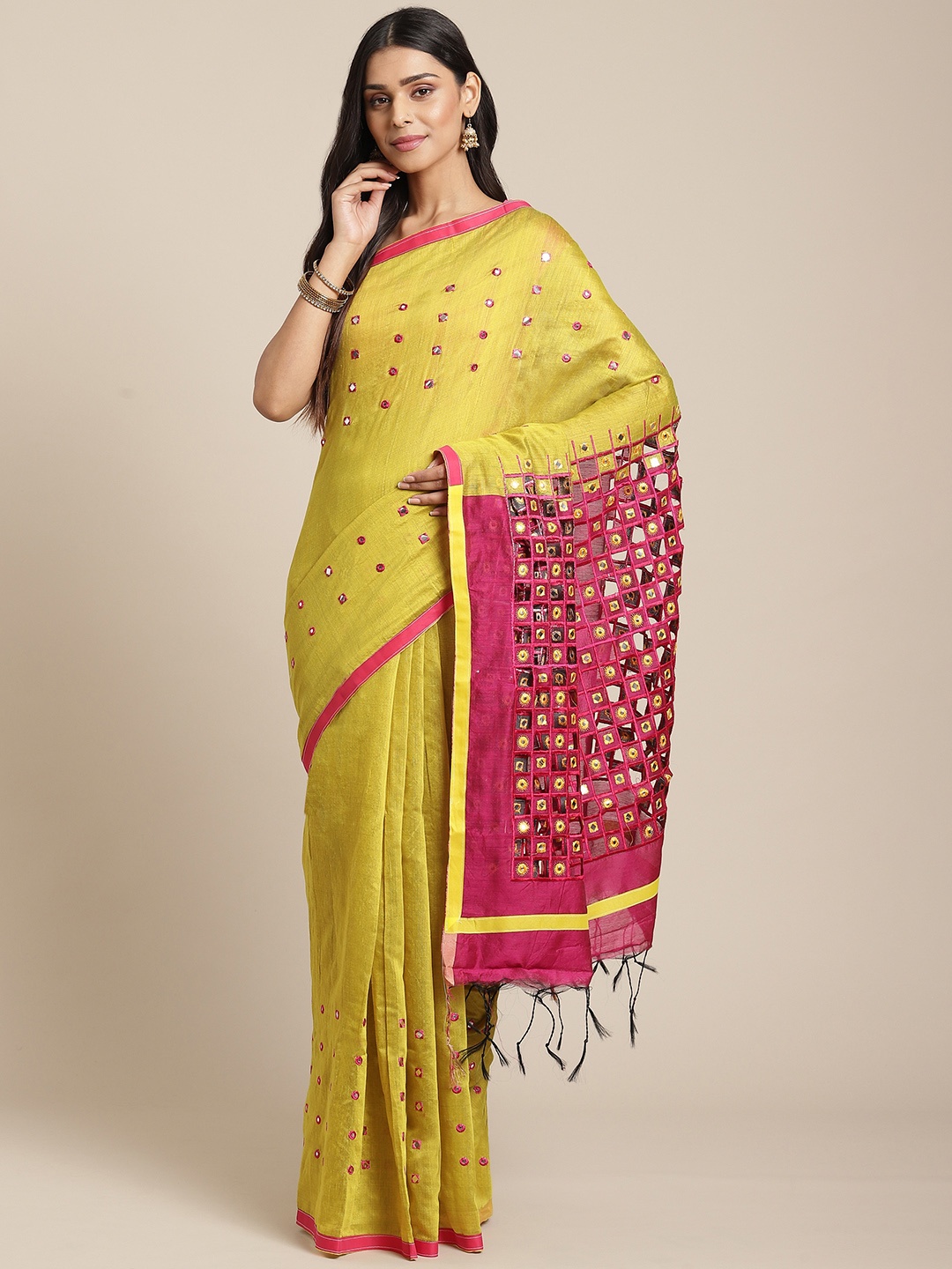 

Laa Calcutta Lime Green & Magenta Embellished Taant Saree