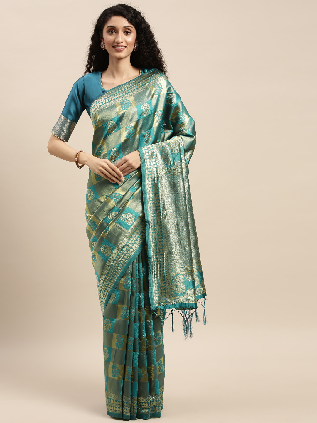 

Mitera Teal Blue & Gold-Toned Silk Blend Woven Design Banarasi Saree