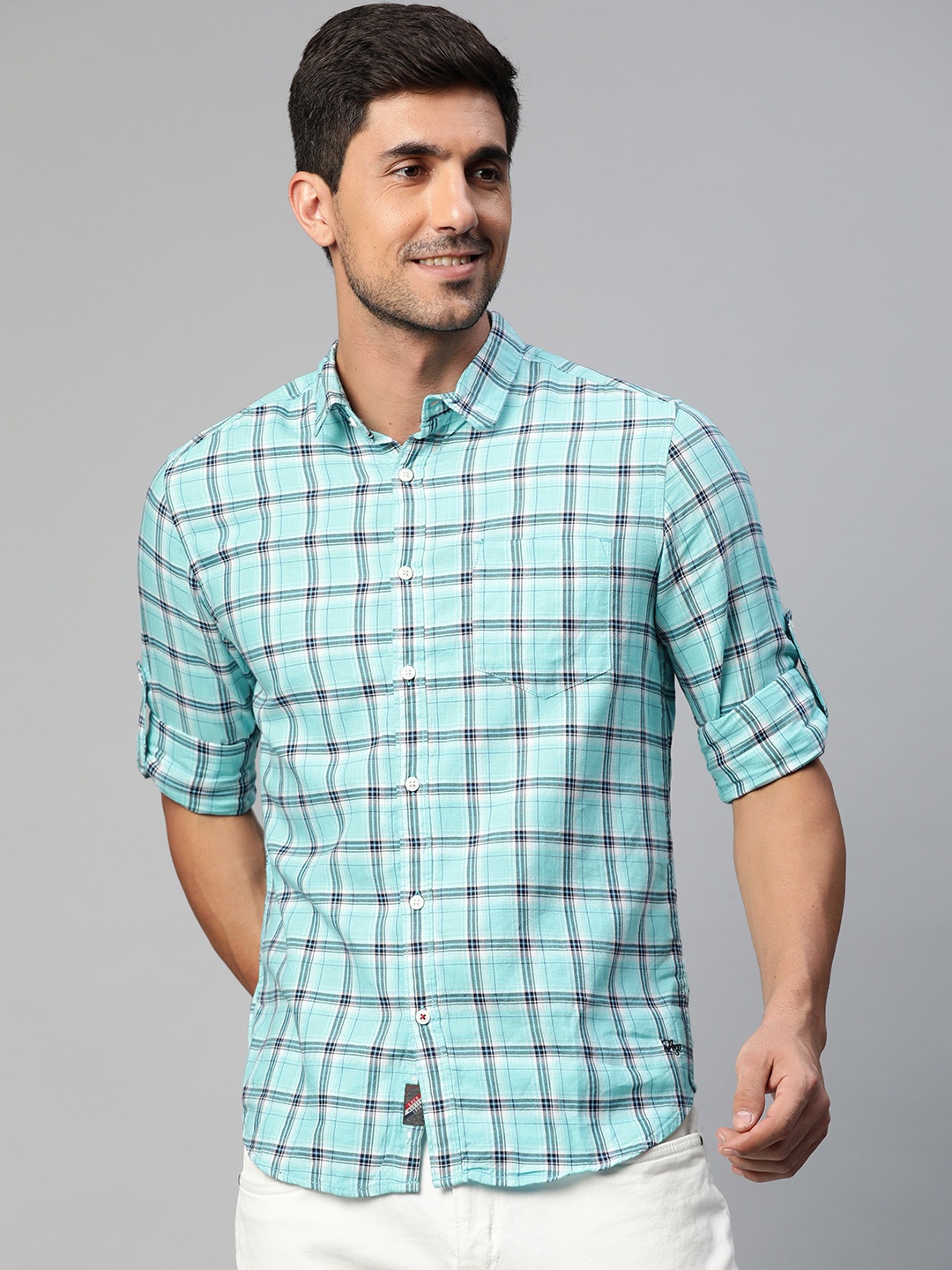 

LOCOMOTIVE Men Turquoise Blue Tartan Checked Pure Cotton Casual Shirt