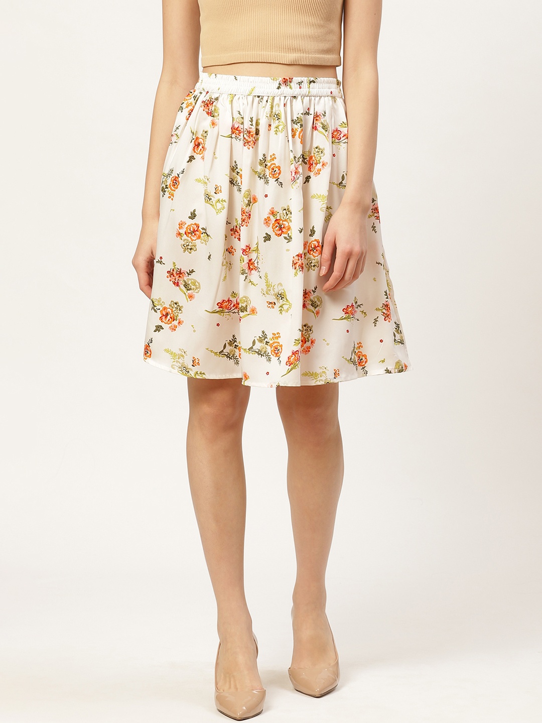 

Darzi Women Off-White & Orange Floral Printed Flared Skirt