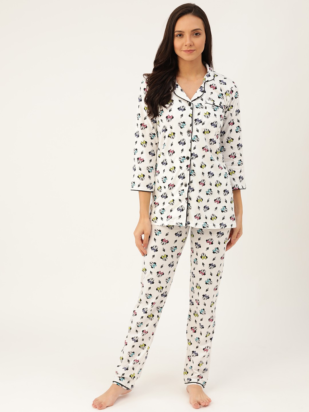 

MBeautiful Women Off-White & Black Mini Mouse Print Night suit