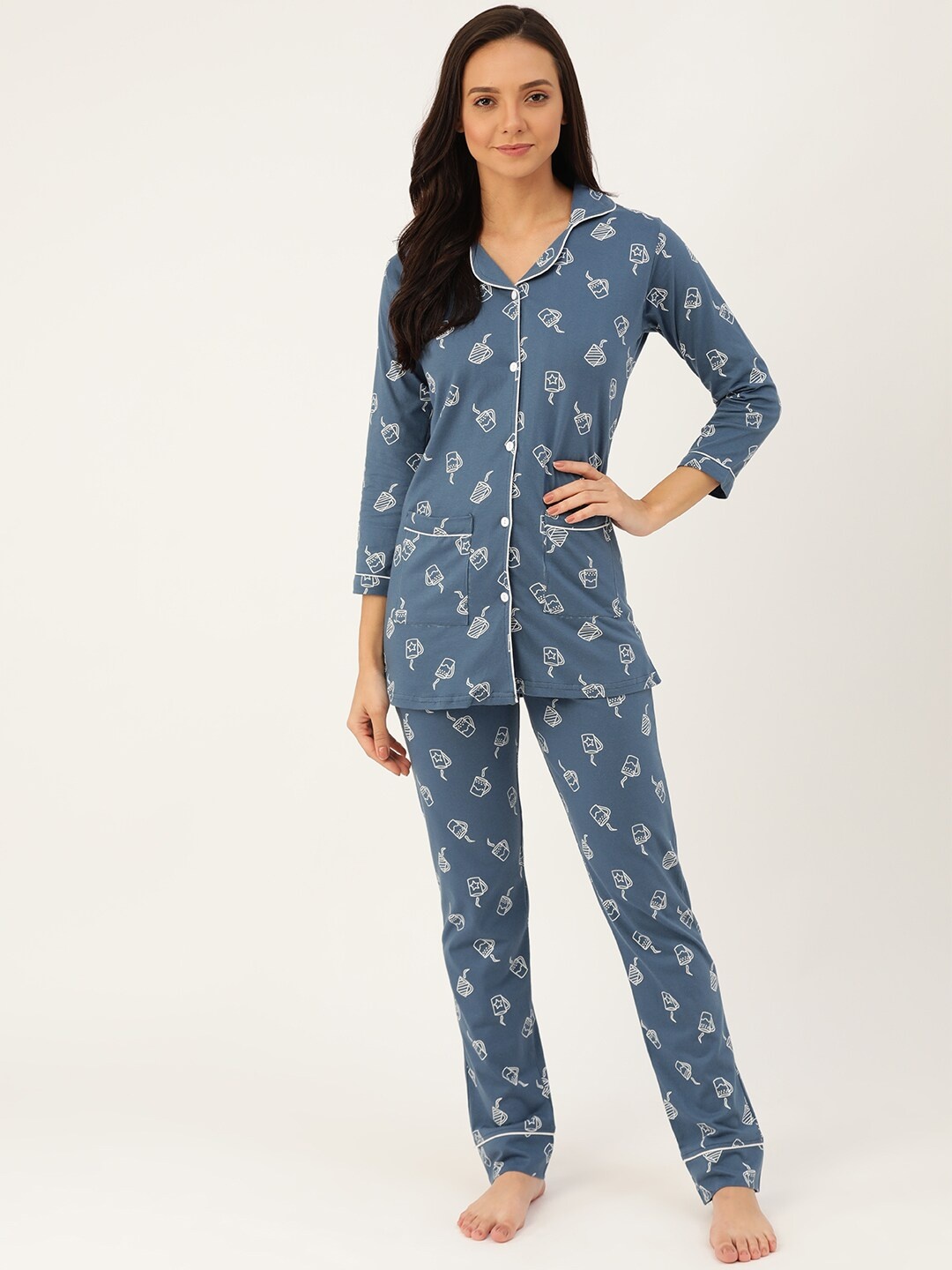 

MBeautiful Women Navy Blue & White Quirky Print Night suit