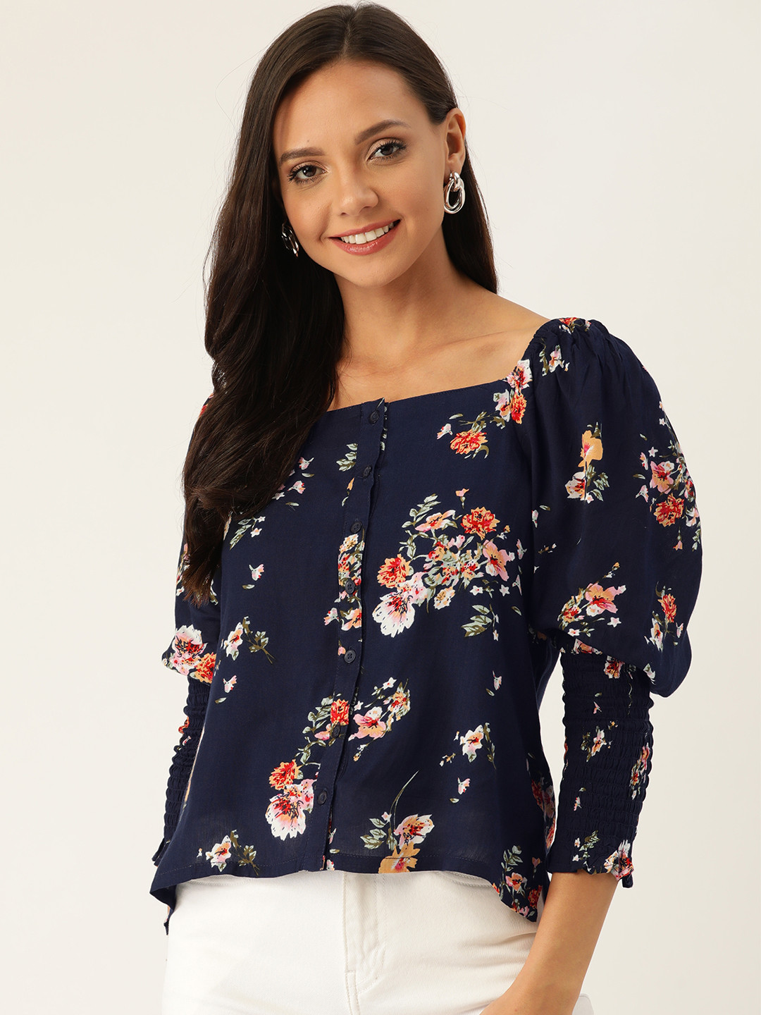 

Trend Arrest Women Navy Blue & Pink Floral Print Top
