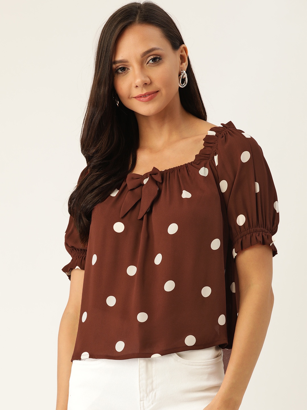 

Trend Arrest Women Brown & Off-White Polka Dots Top