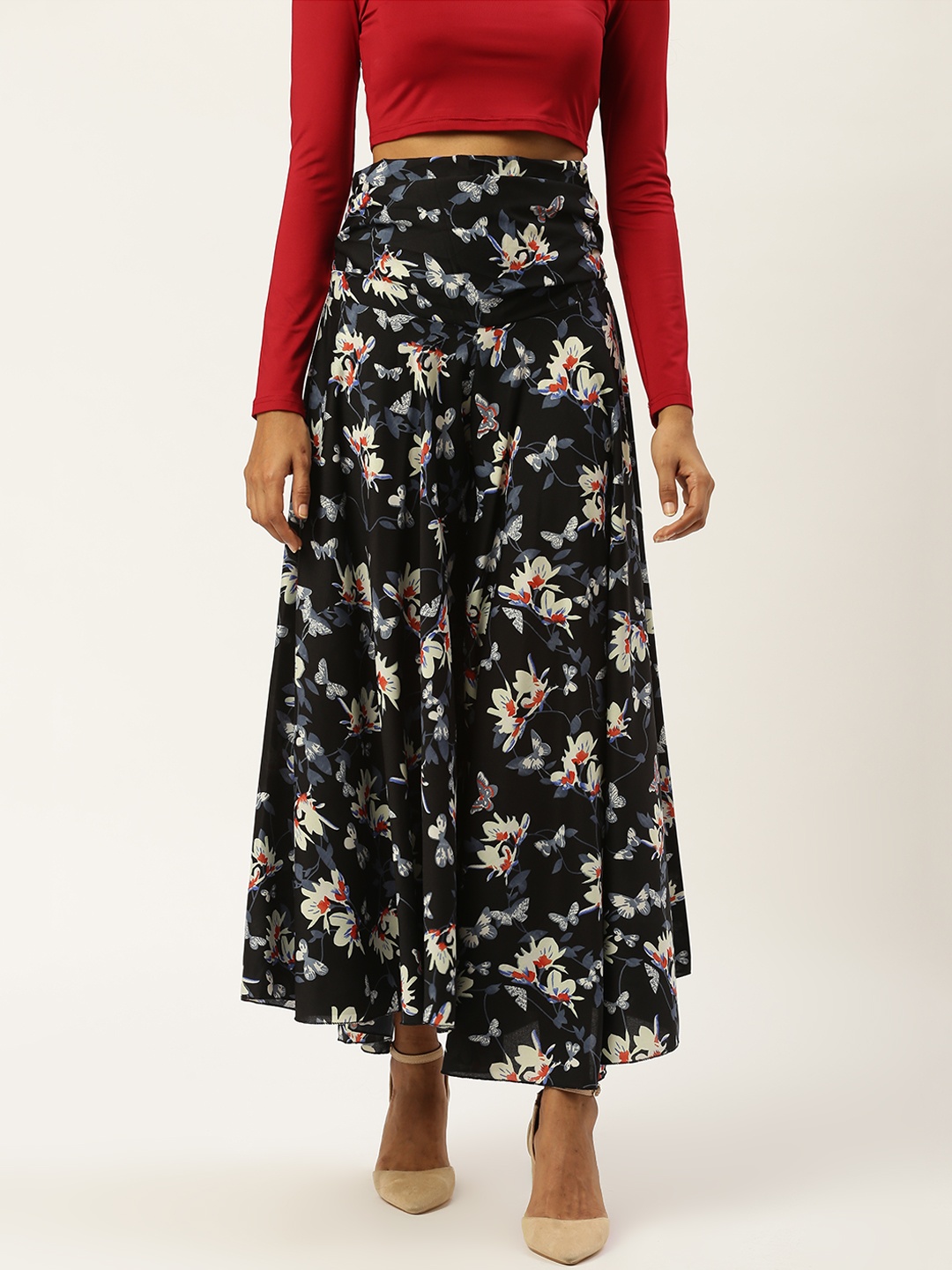 

Trend Arrest Women Black & White Floral Print Flared Palazzos