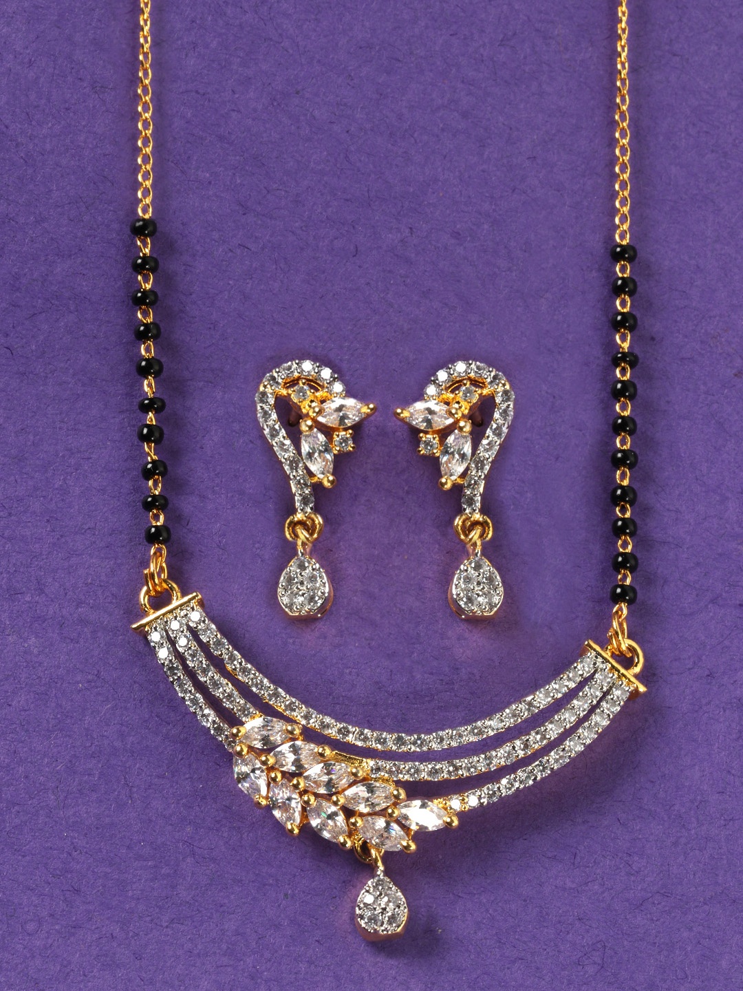 

JEWELS GEHNA Black Gold-Plated AD-Studded & Beaded Mangalsutra Set