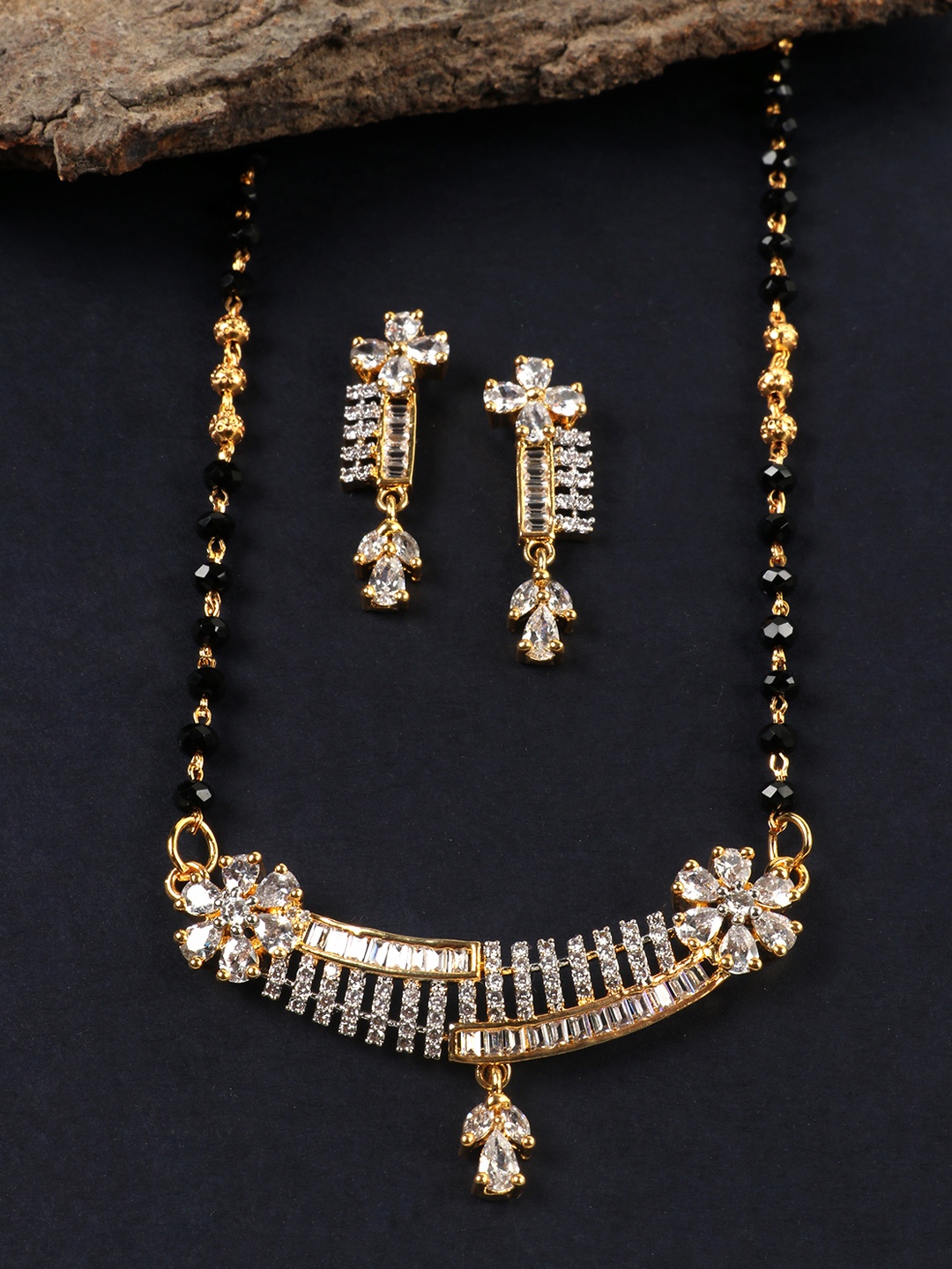 

JEWELS GEHNA Black Gold-Plated AD-Studded Mangalsutra & Earrings Set