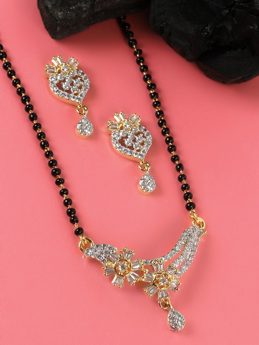 

JEWELS GEHNA Black Gold-Plated AD-Studded & Beaded Mangalsutra Set