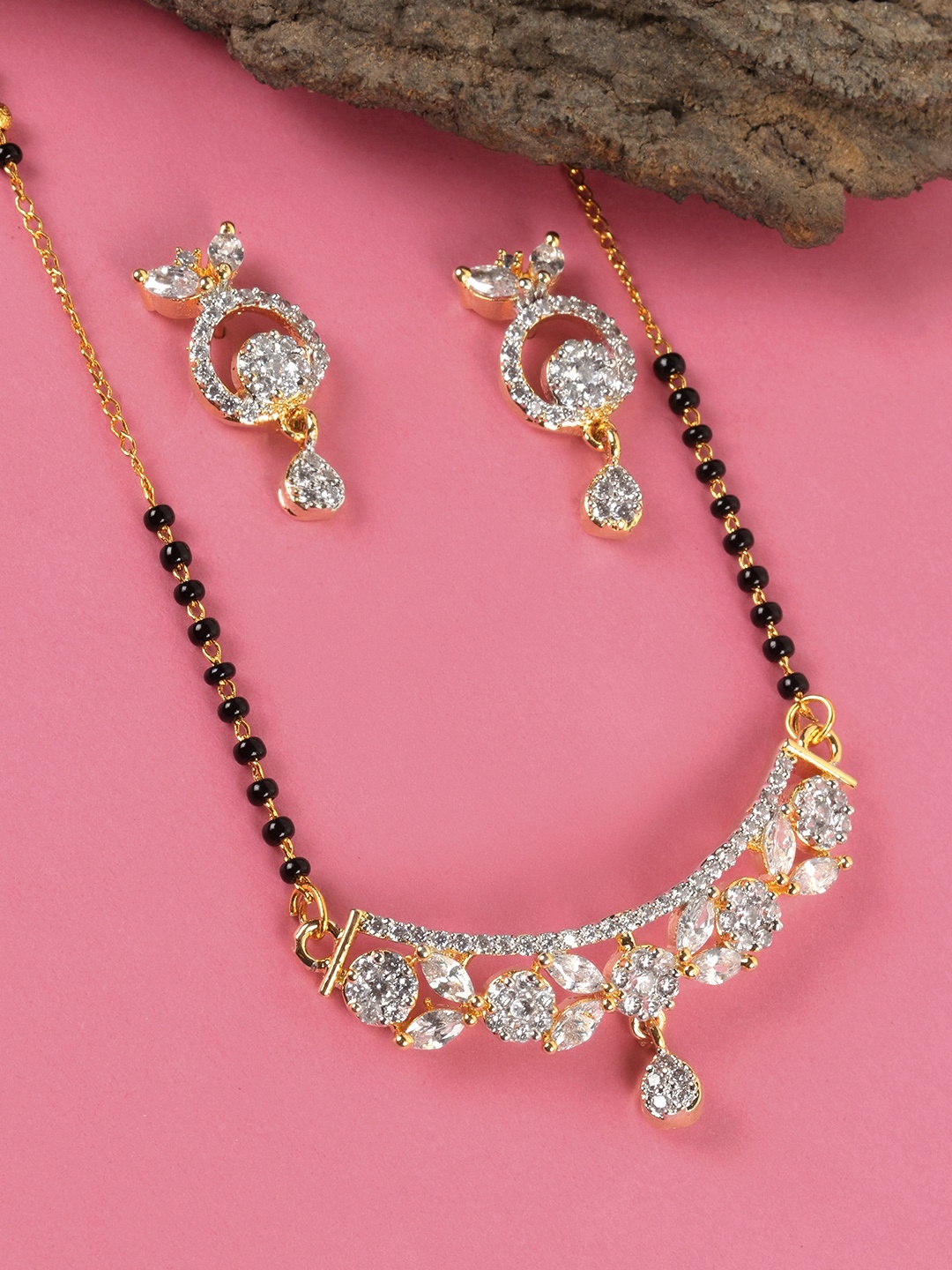 

JEWELS GEHNA Black Gold-Plated AD-Studded Mangalsutra & Earrings Set