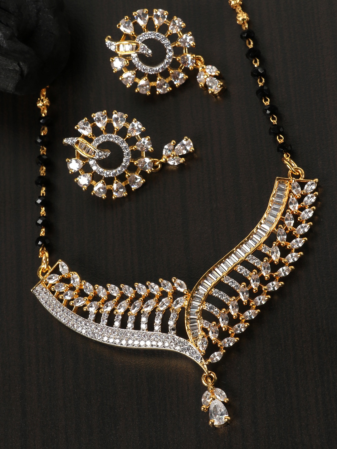 

JEWELS GEHNA Black Gold-Plated AD-Studded & Beaded Mangalsutra Set