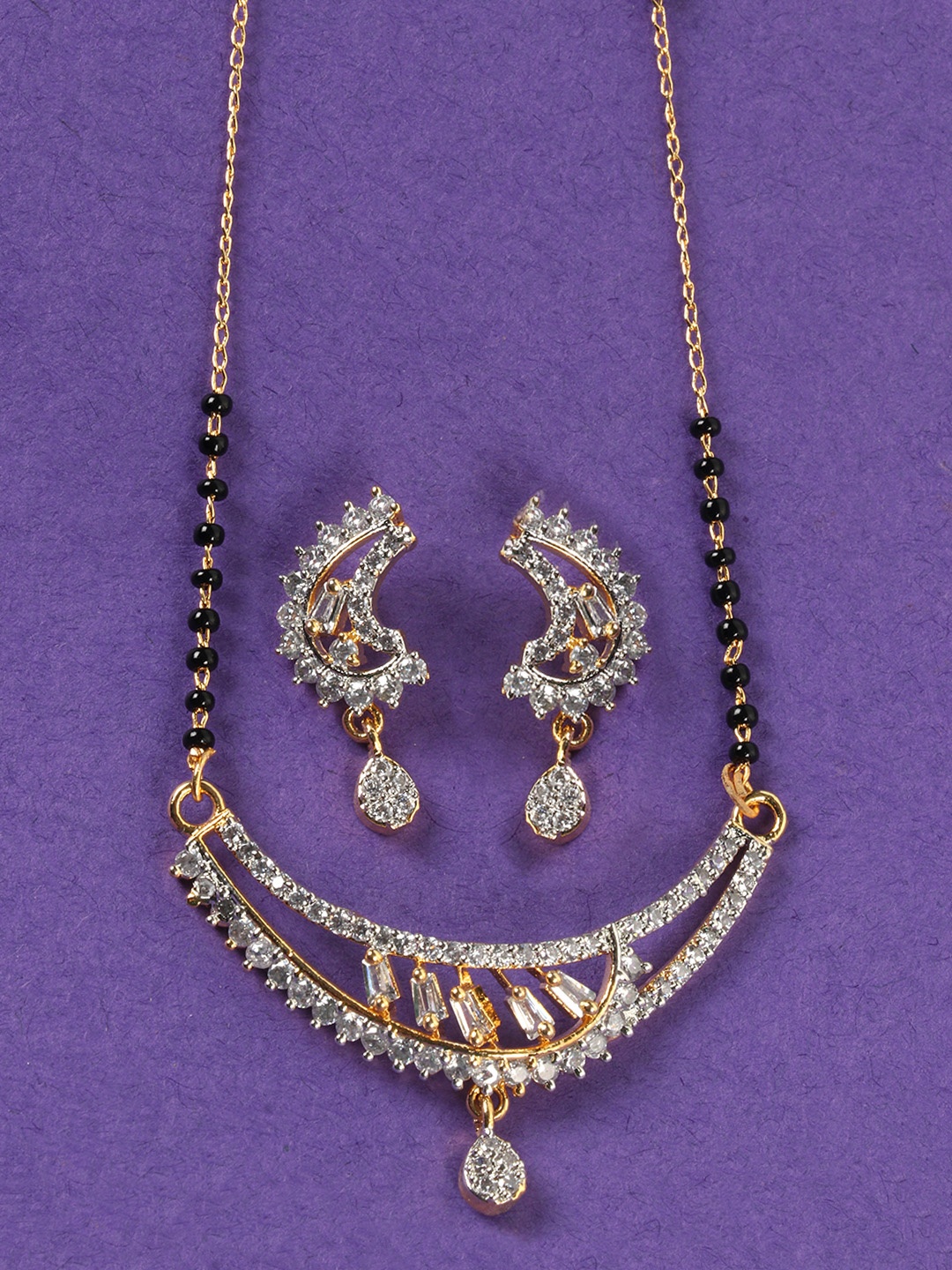 

JEWELS GEHNA Black Gold-Plated AD-Studded & Beaded Mangalsutra Set