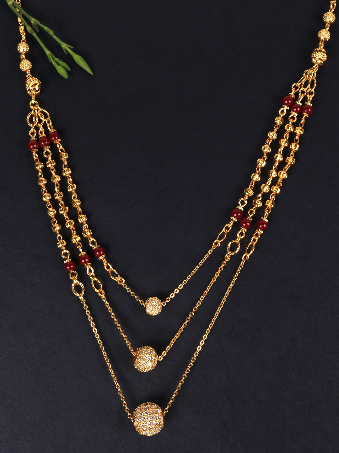

JEWELS GEHNA Maroon Gold-Plated AD-Studded Layered Mangalsutra