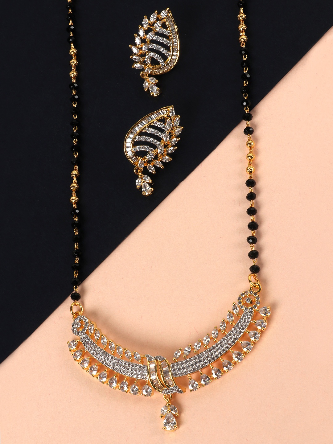 

JEWELS GEHNA Black Gold-Plated AD-Studded & Beaded Mangalsutra & Earrings Set