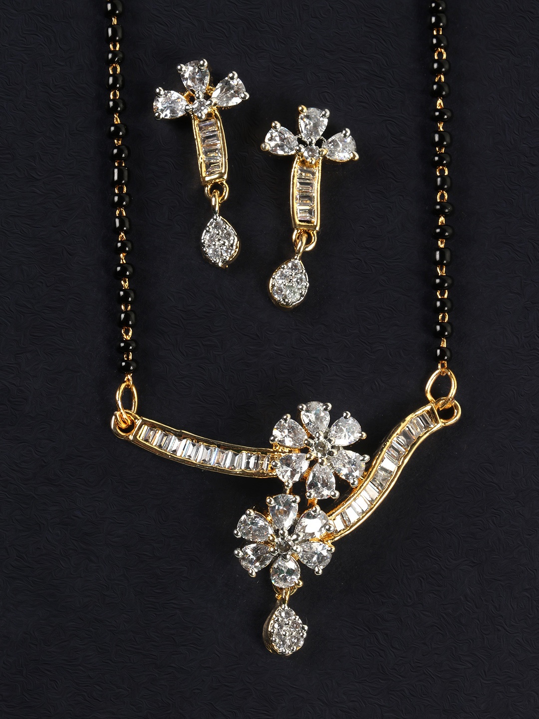 

JEWELS GEHNA Black Gold-Plated AD-Studded Mangalsutra & Earrings Set