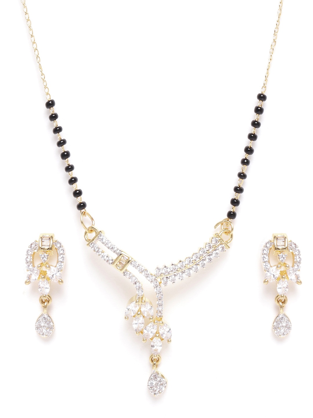 

JEWELS GEHNA Black Gold-Plated AD-Studded & Beaded Mangalsutra & Earrings Set
