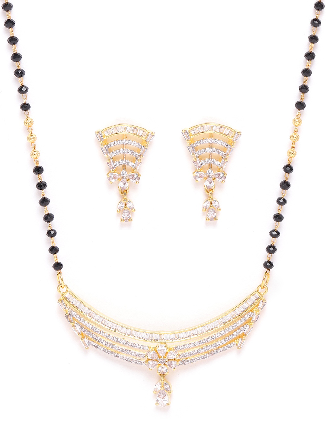 

JEWELS GEHNA Black Gold-Plated AD-Studded & Beaded Mangalsutra & Earrings Set