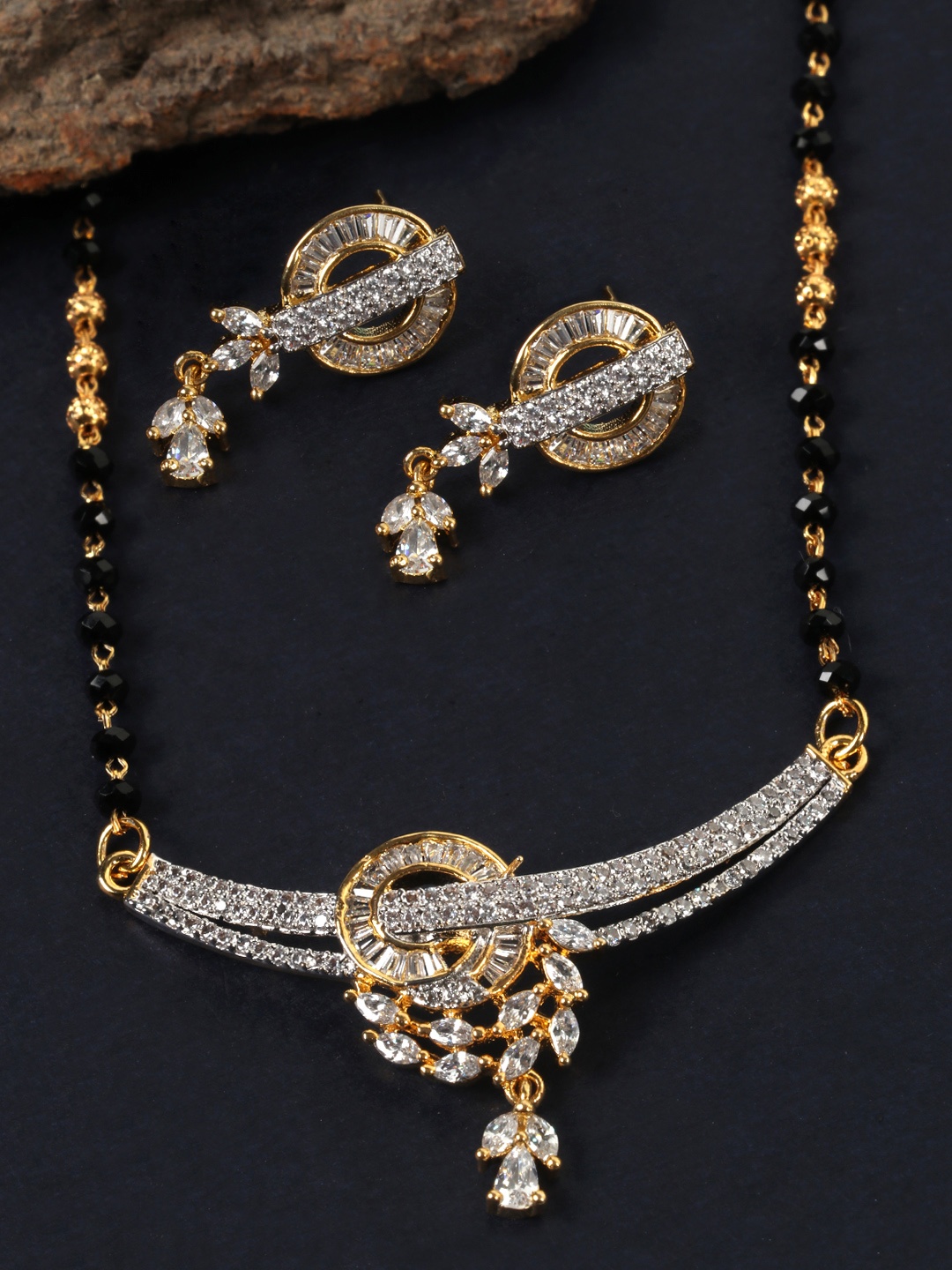 

JEWELS GEHNA Black Gold-Plated AD-Studded & Beaded Mangalsutra & Earrings Set