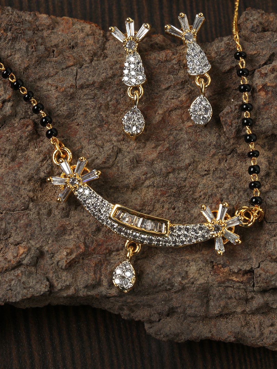 

JEWELS GEHNA Black Gold-Plated AD-Studded Mangalsutra & Earrings Set