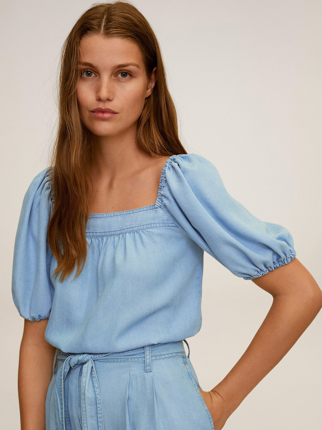 

MANGO Women Blue Solid Chambray Top