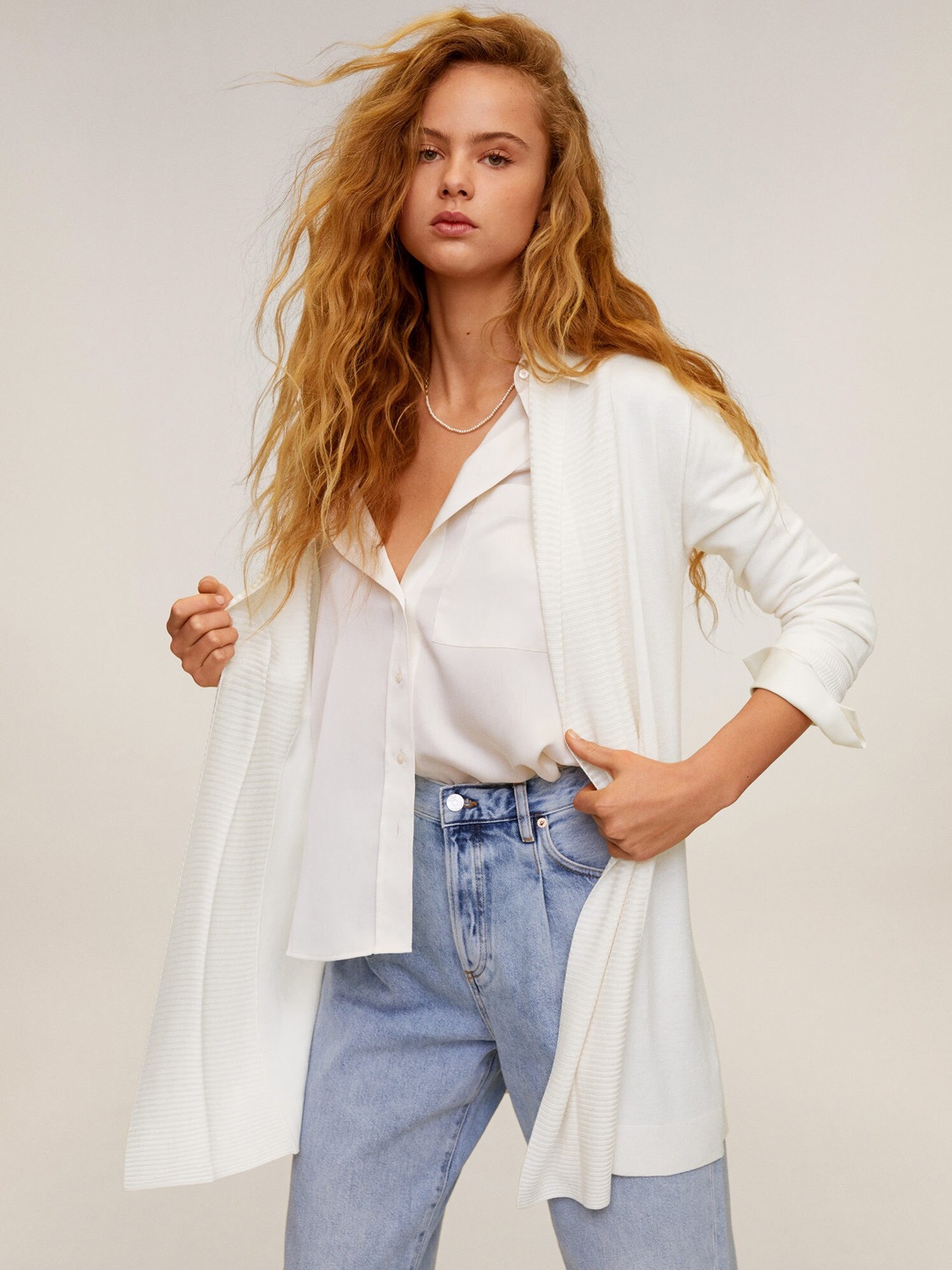 

MANGO Women White Solid Longline Front-Open Sweater