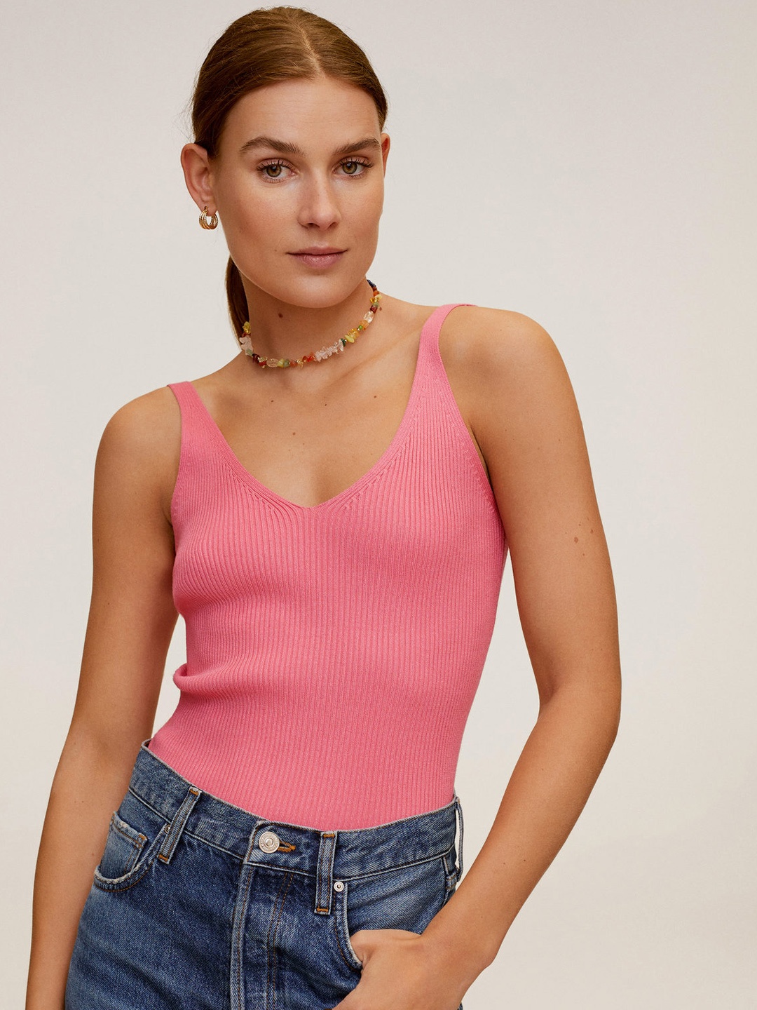 

MANGO Women Pink Ribbed Top