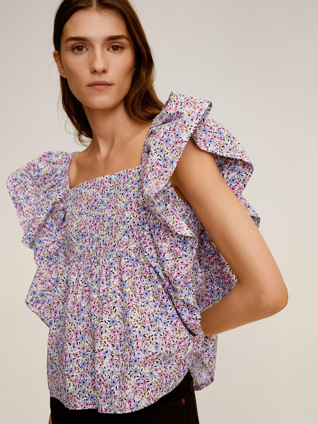 

MANGO Women Lavender & Blue Floral Printed Pure Cotton Top