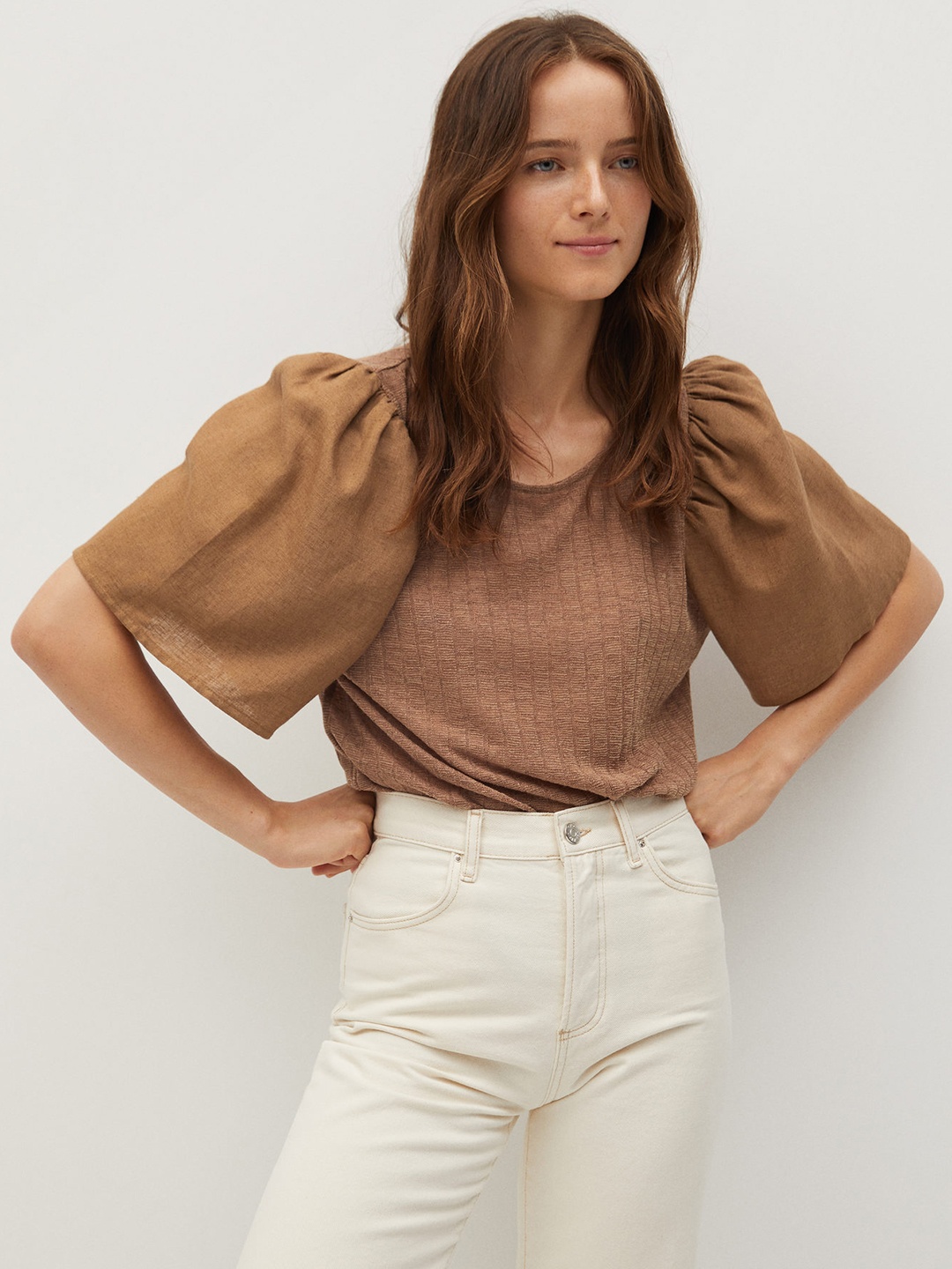 

MANGO Women Brown Self Design Top