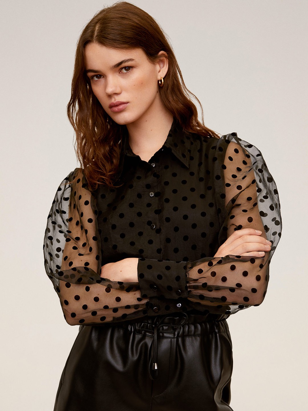 

MANGO Women Black Polka Dots Self-Design Semi-Sheer Shirt Style Top
