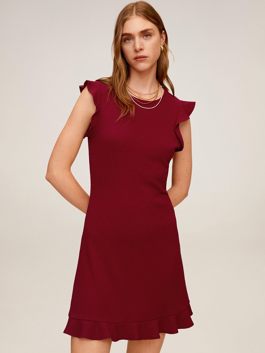 

MANGO Women Maroon Ruffle Detail Solid A-Line Dress