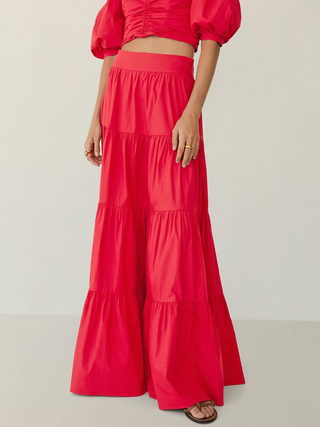 

MANGO Women Red Solid Tiered Flared Maxi Skirt