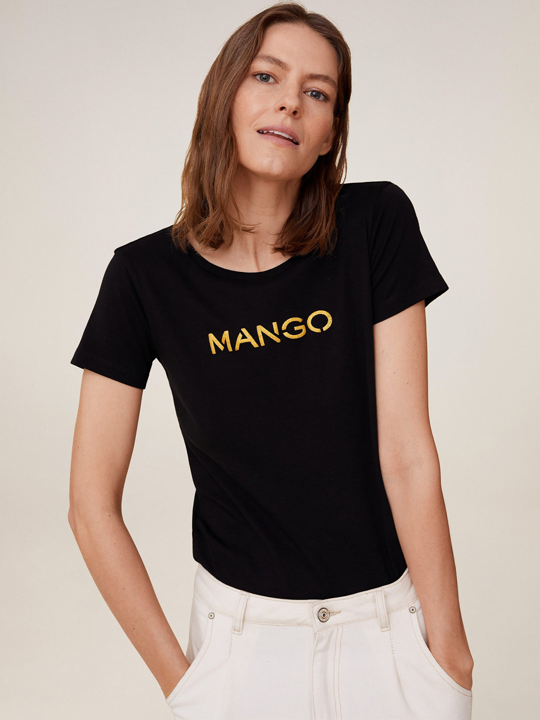 

MANGO Women Black Solid Round Neck Pure Cotton T-shirt
