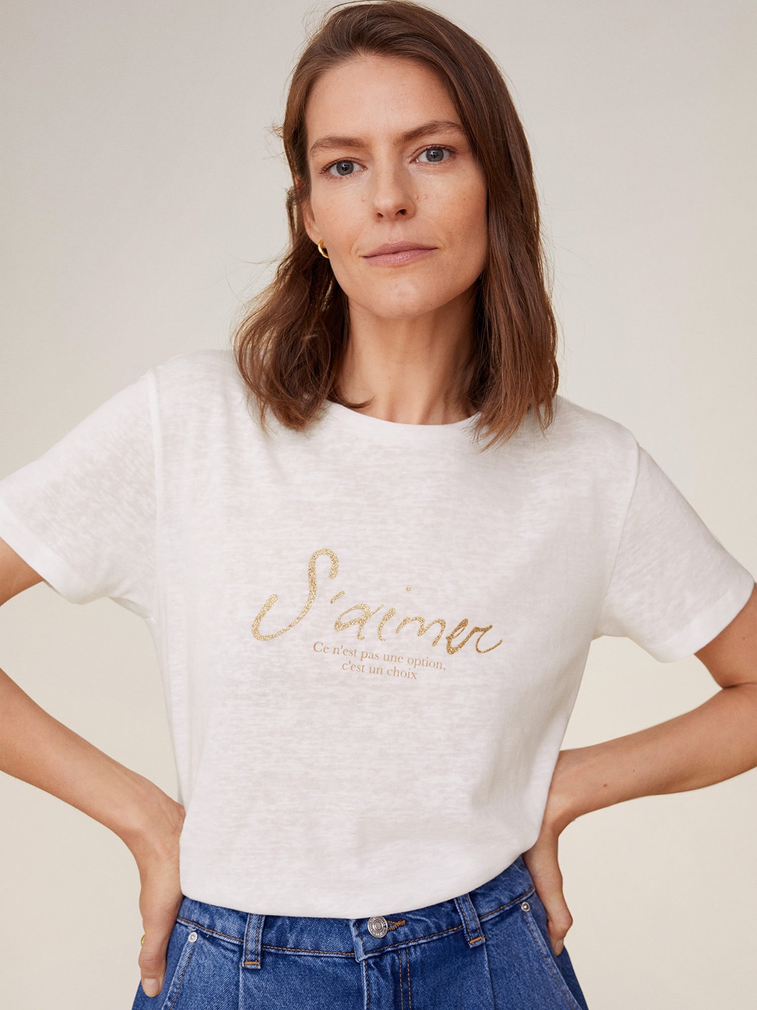 

MANGO Women White & Golden Printed Round Neck T-shirt