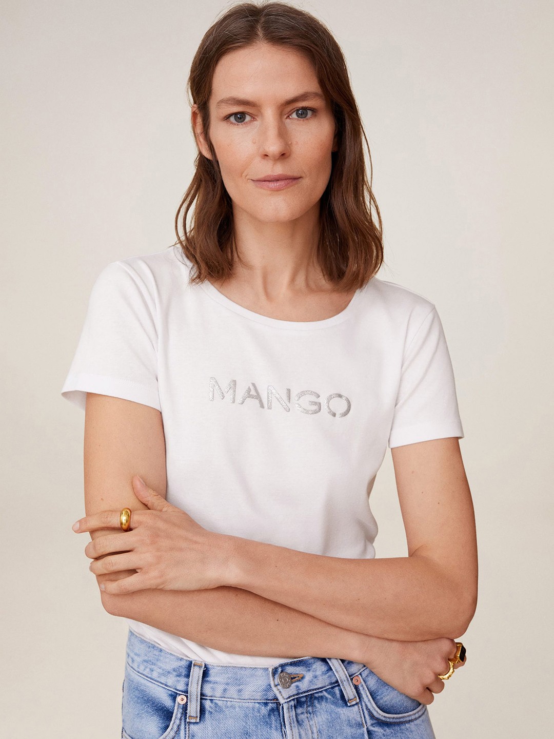 

MANGO Women White Brand Logo Detail Solid Round Neck Organic Cotton T-shirt