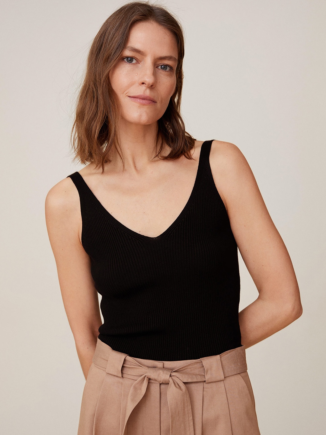 

MANGO Women Black Ribbed Top