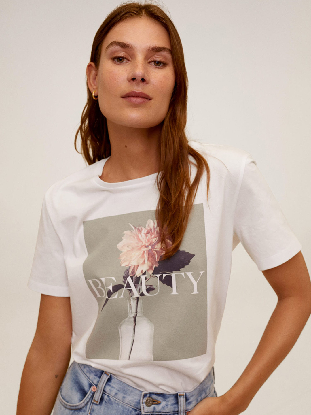 

MANGO Women White Taupe Printed Round Neck Pure Cotton Organic Cotton T-shirt