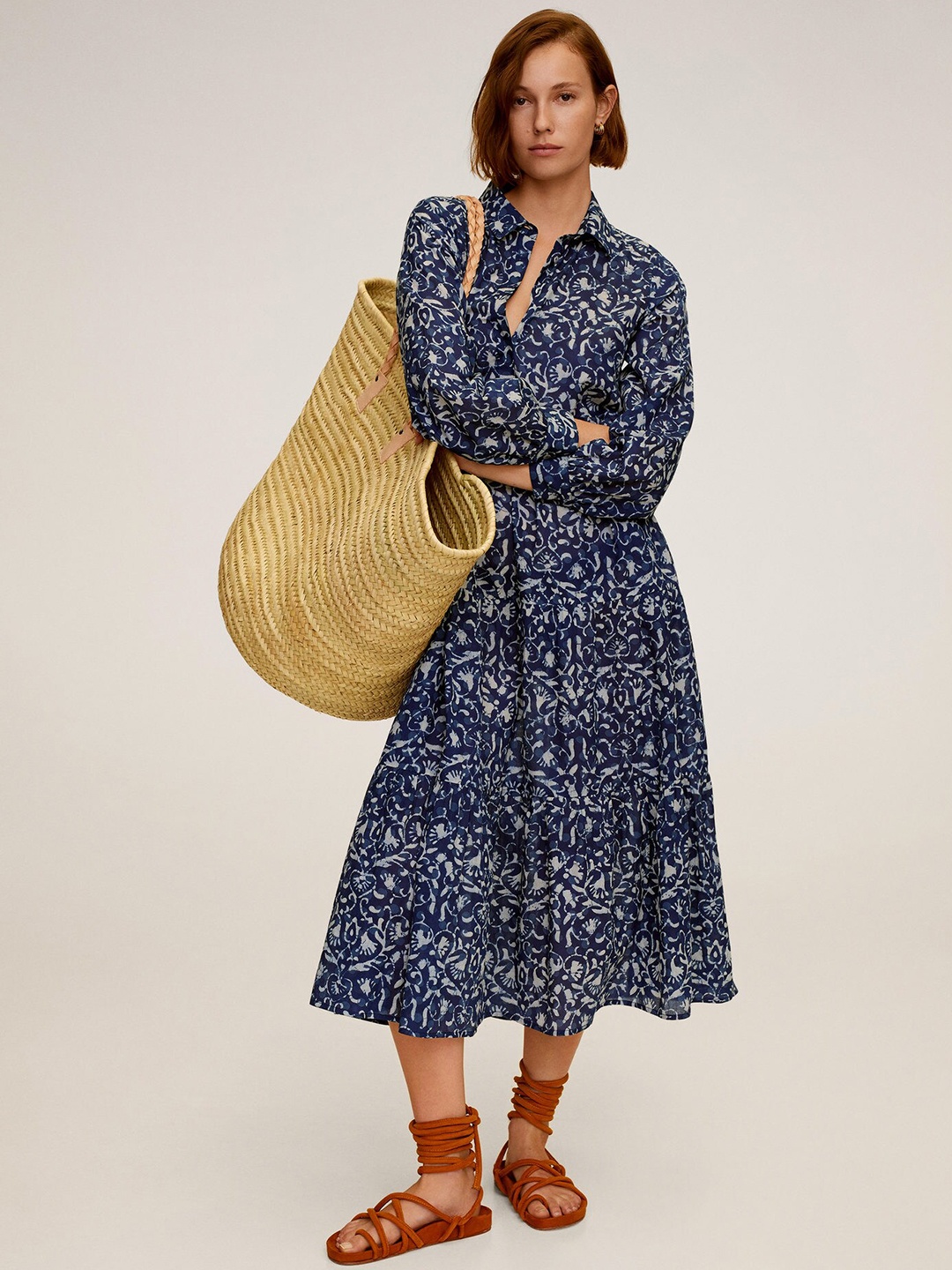 

MANGO Women Blue & White Printed A-Line Dress