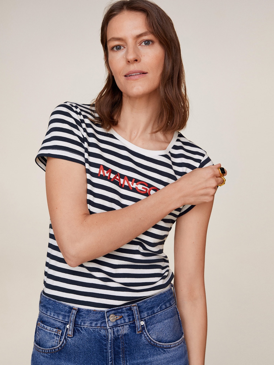 

MANGO Women Navy Blue White Striped Round Neck Organic Cotton T-shirt